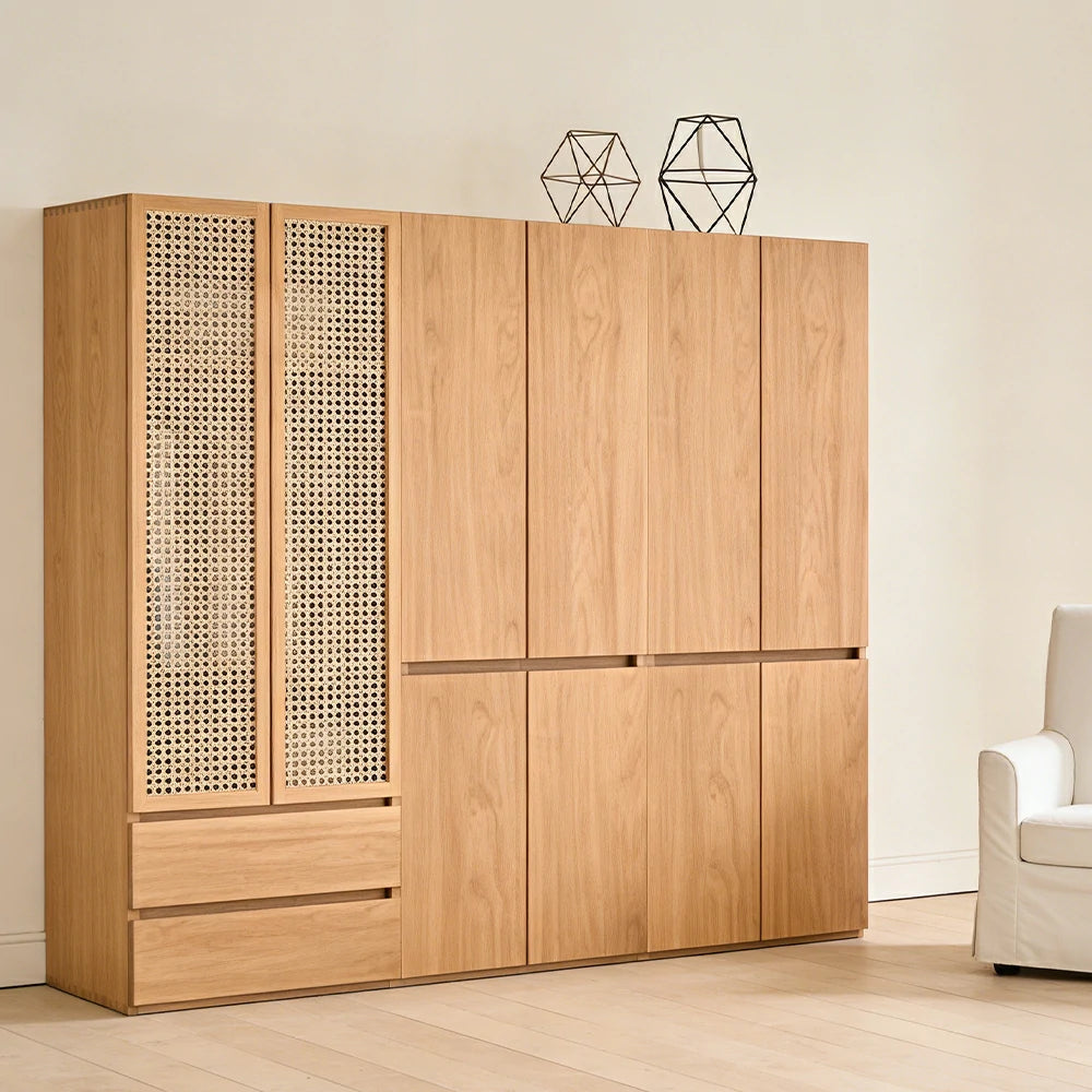LUXORA 220/240cm Rattan Storage Cabinet - Multi-Zone Wardrobe Design with Solid Finnish Pine Wood, Breathable PVC Doors & Spacious Drawers