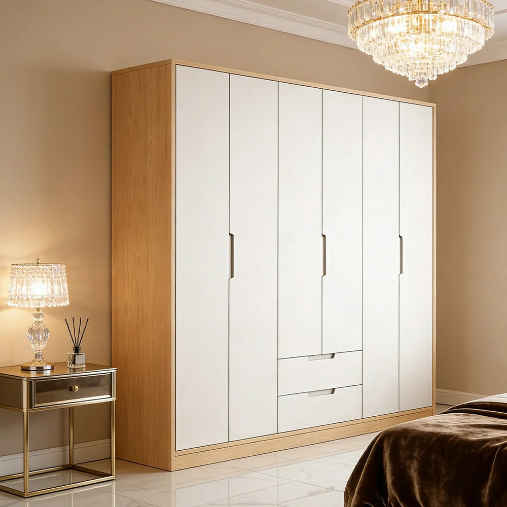 LUXORA 220/240cm Wardrobe Cabinet - Multi-Compartment Hanging Storage with Malacca Board Doors, Solid Wood Rail & Soft-Close Hardware