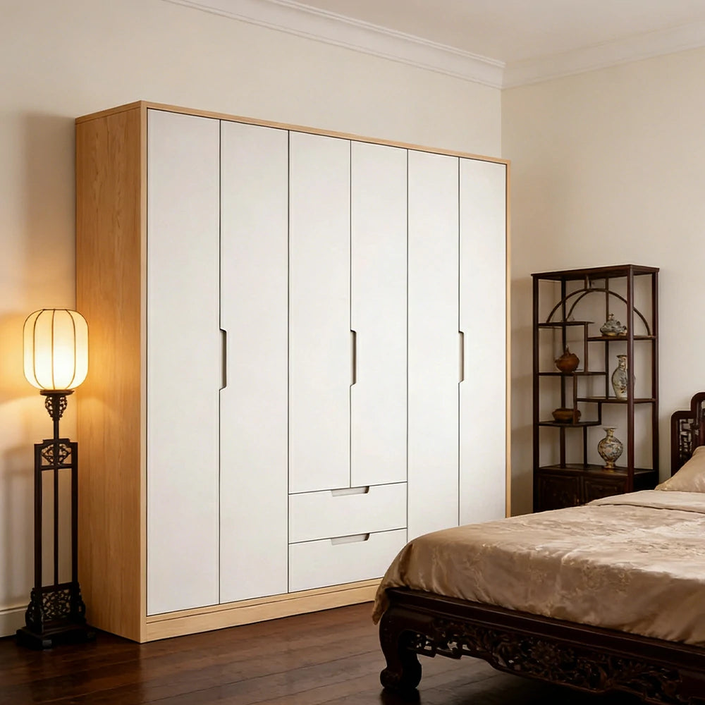 LUXORA 220/240cm Wardrobe Cabinet - Multi-Compartment Hanging Storage with Malacca Board Doors, Solid Wood Rail & Soft-Close Hardware