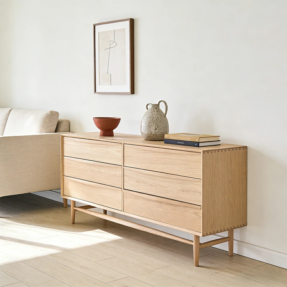LUXORA Nordic 6-Drawer Dresser - New Zealand Pine Wood Chest with Curved Drawer Fronts, Raised Legs & Large Storage Capacity - Natural