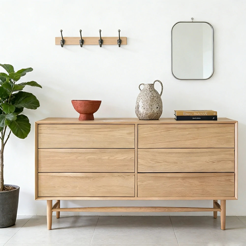 LUXORA Nordic 6-Drawer Dresser - New Zealand Pine Wood Chest with Curved Drawer Fronts, Raised Legs & Large Storage Capacity - Natural