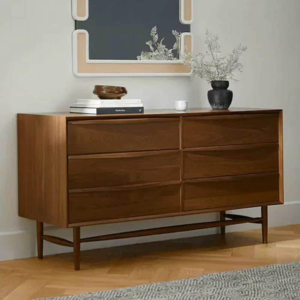 LUXORA Nordic 6-Drawer Dresser - New Zealand Pine Wood Chest with Curved Drawer Fronts, Raised Legs & Large Storage Capacity - Walnut