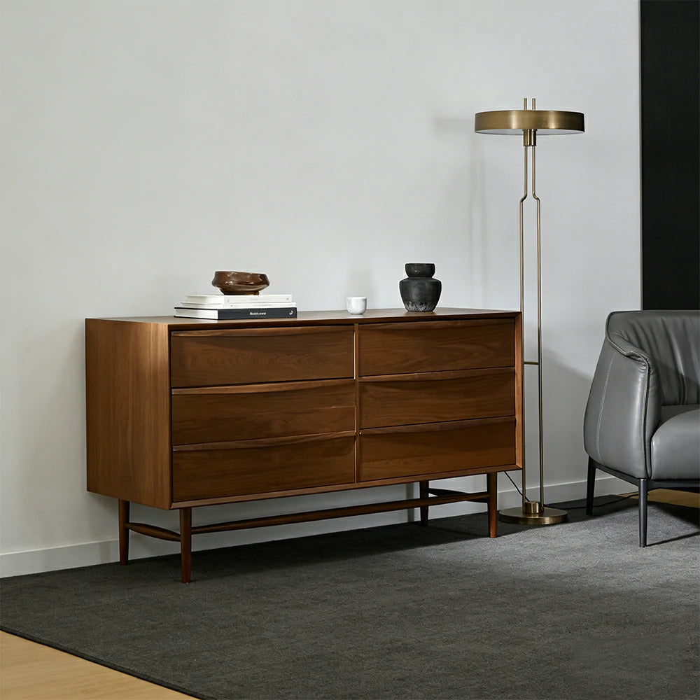 LUXORA Nordic 6-Drawer Dresser - New Zealand Pine Wood Chest with Curved Drawer Fronts, Raised Legs & Large Storage Capacity - Walnut