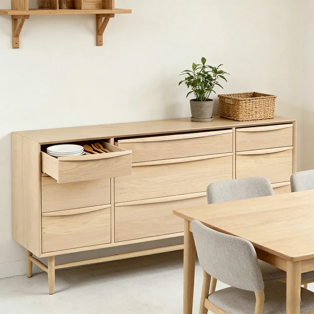 LUXORA Nordic 9-Drawer Dresser - New Zealand Pine Wood Chest with Curved Drawer Fronts, Raised Legs & Large Storage Capacity - Natural