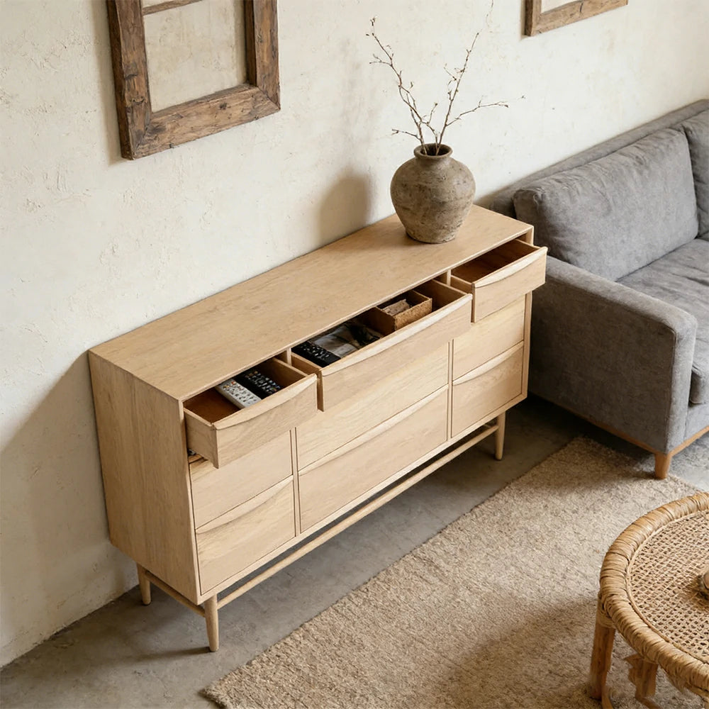 LUXORA Nordic 9-Drawer Dresser - New Zealand Pine Wood Chest with Curved Drawer Fronts, Raised Legs & Large Storage Capacity - Natural