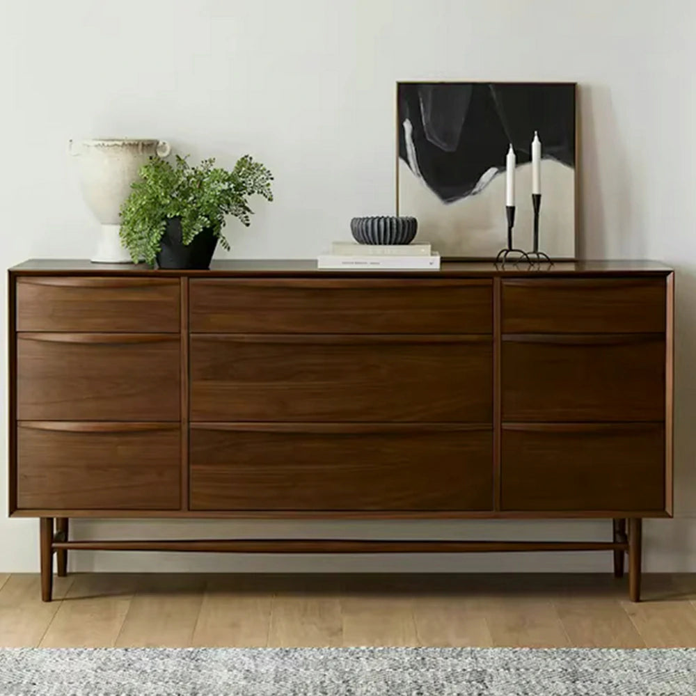 LUXORA Nordic 9-Drawer Dresser - New Zealand Pine Wood Chest with Curved Drawer Fronts, Raised Legs & Large Storage Capacity - Walnut