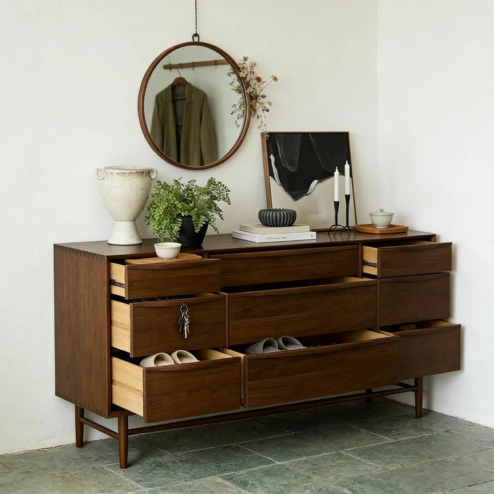 LUXORA Nordic 9-Drawer Dresser - New Zealand Pine Wood Chest with Curved Drawer Fronts, Raised Legs & Large Storage Capacity - Walnut