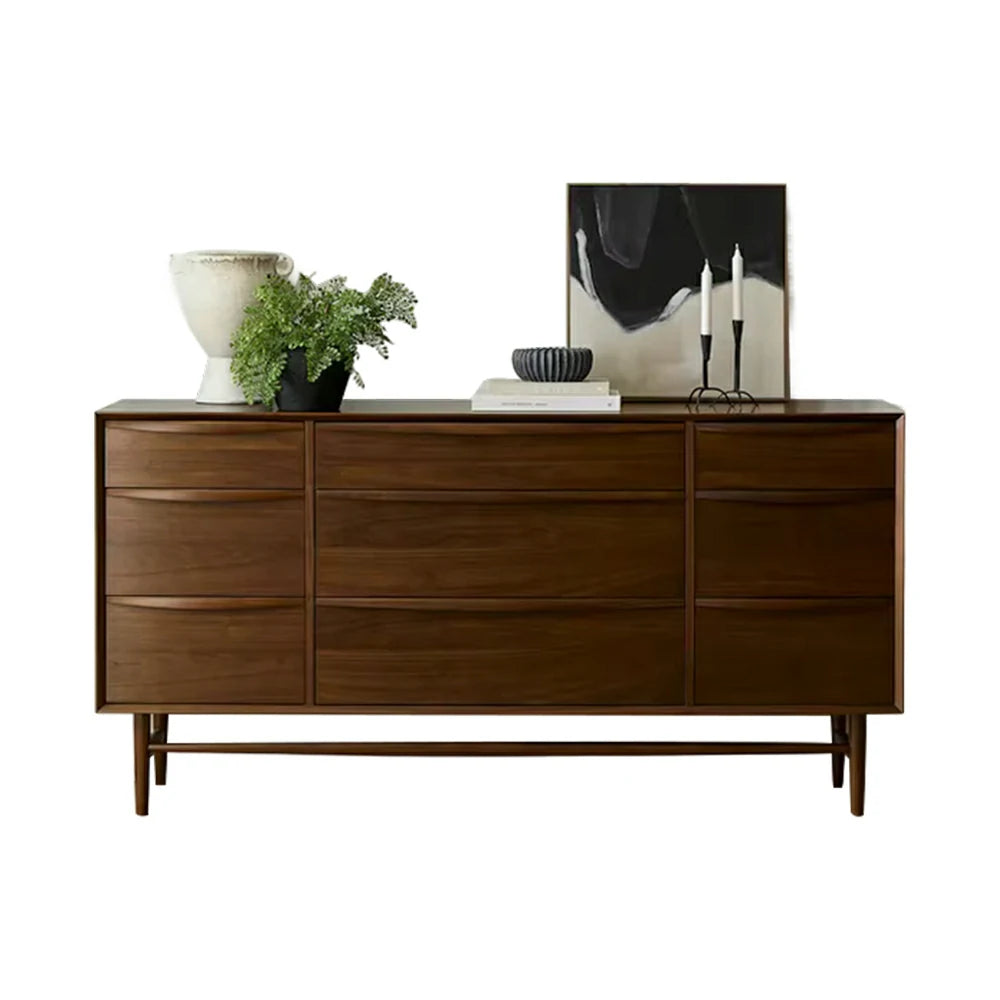 LUXORA Nordic 9-Drawer Dresser - New Zealand Pine Wood Chest with Curved Drawer Fronts, Raised Legs & Large Storage Capacity - Walnut