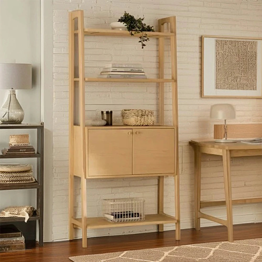 LUXORA Nordic Solid Pine Bookshelf - New Zealand Pine Wood Display Shelf with Open Tiers & Double Door Cabinet, Tall Slim Storage Unit - Natural