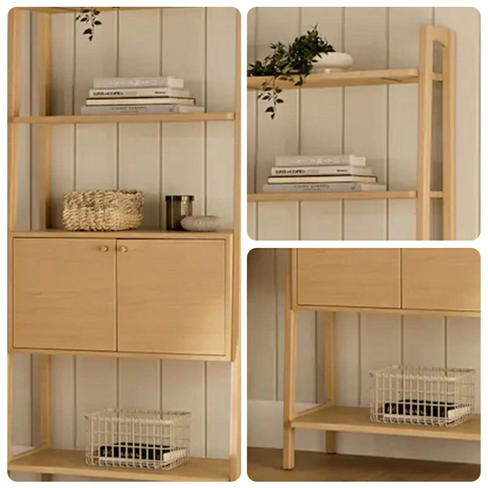 LUXORA Nordic Solid Pine Bookshelf - New Zealand Pine Wood Display Shelf with Open Tiers & Double Door Cabinet, Tall Slim Storage Unit - Natural