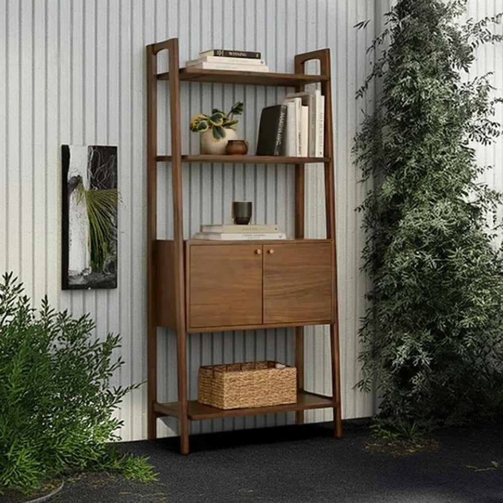 LUXORA Nordic Solid Pine Bookshelf - New Zealand Pine Wood Display Shelf with Open Tiers & Double Door Cabinet, Tall Slim Storage Unit - Walnut