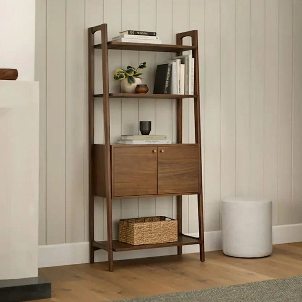 LUXORA Nordic Solid Pine Bookshelf - New Zealand Pine Wood Display Shelf with Open Tiers & Double Door Cabinet, Tall Slim Storage Unit - Walnut