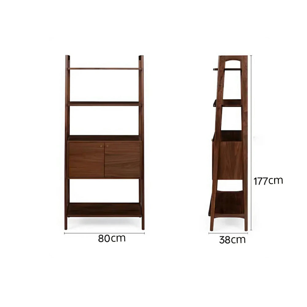 LUXORA Nordic Solid Pine Bookshelf - New Zealand Pine Wood Display Shelf with Open Tiers & Double Door Cabinet, Tall Slim Storage Unit - Walnut
