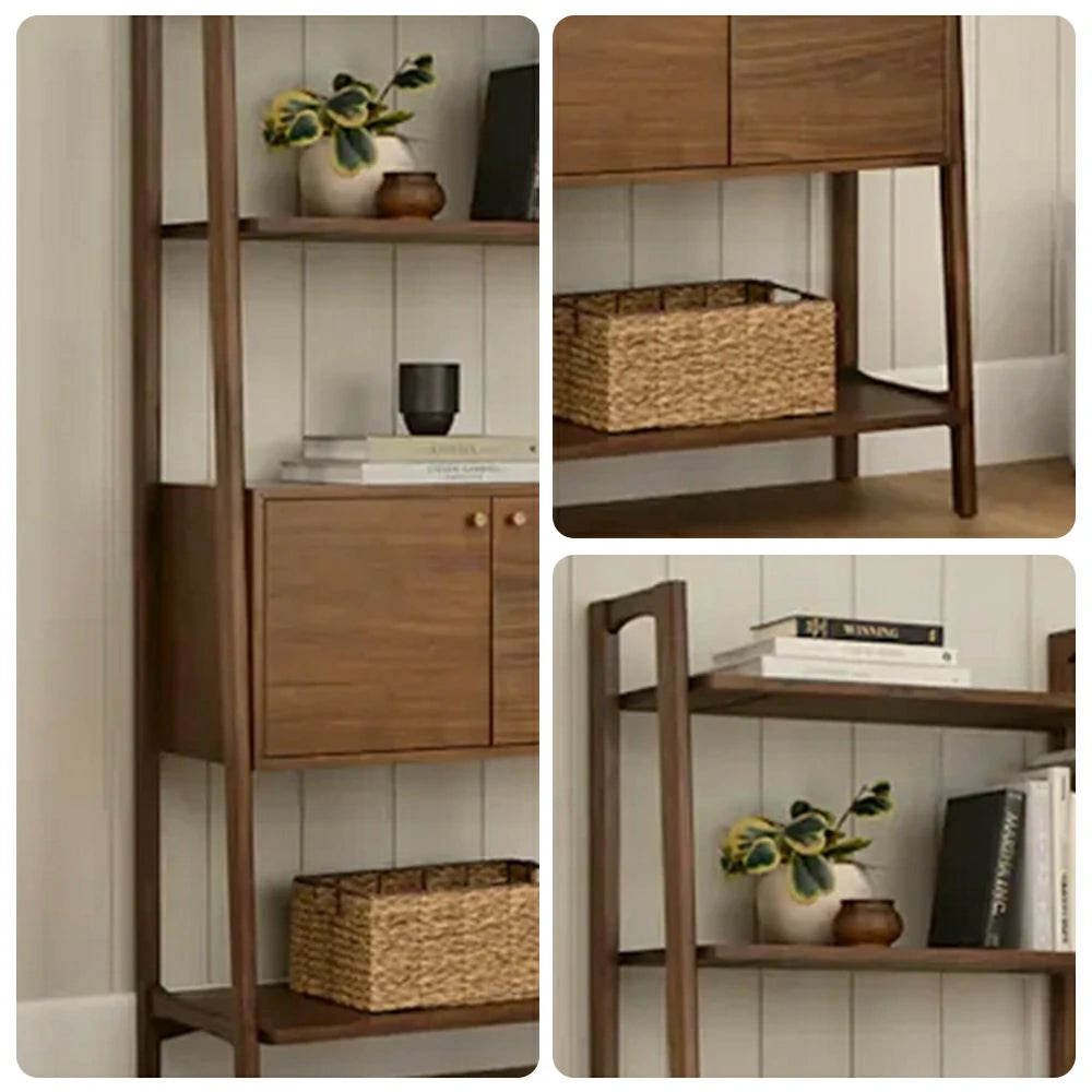 LUXORA Nordic Solid Pine Bookshelf - New Zealand Pine Wood Display Shelf with Open Tiers & Double Door Cabinet, Tall Slim Storage Unit - Walnut