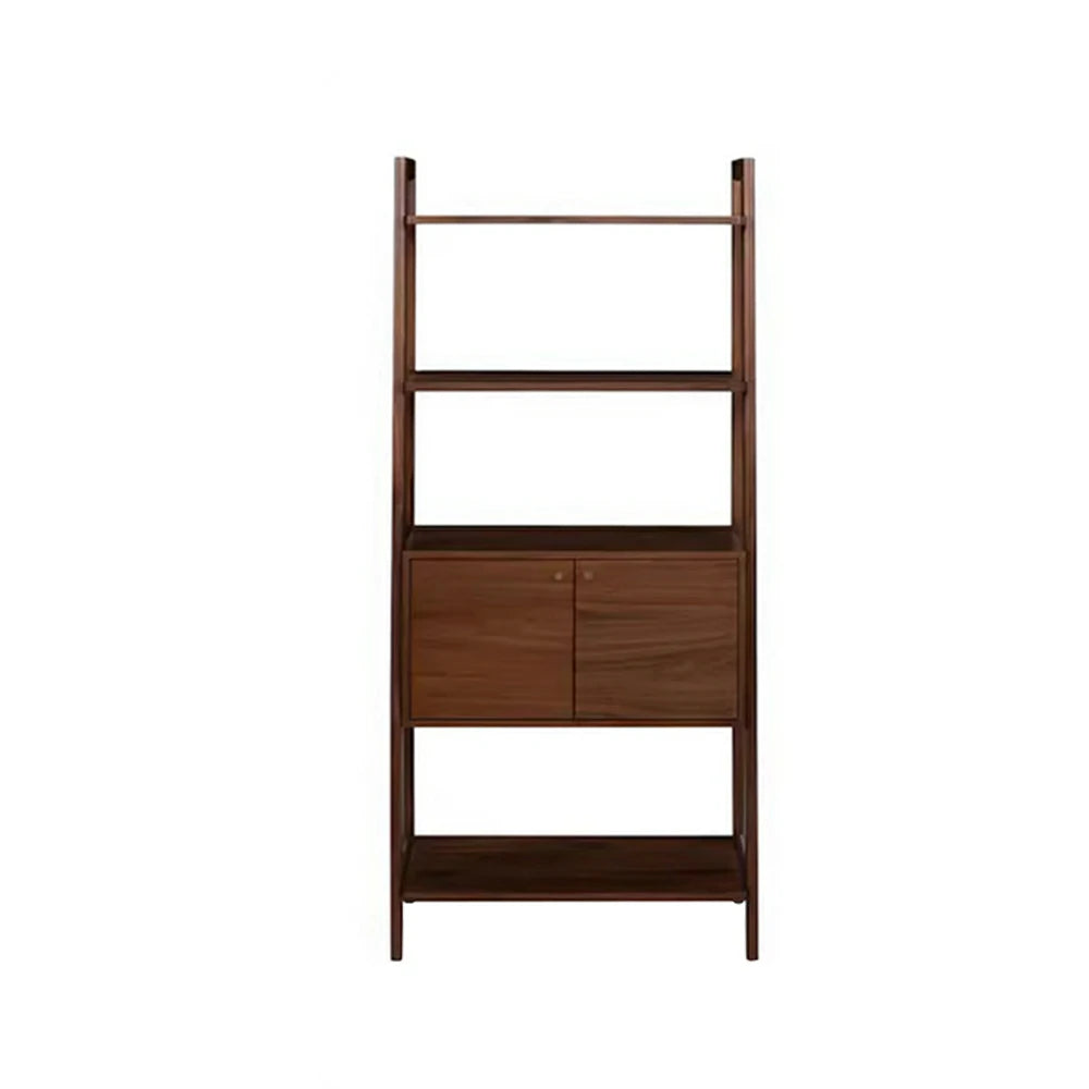 LUXORA Nordic Solid Pine Bookshelf - New Zealand Pine Wood Display Shelf with Open Tiers & Double Door Cabinet, Tall Slim Storage Unit - Walnut