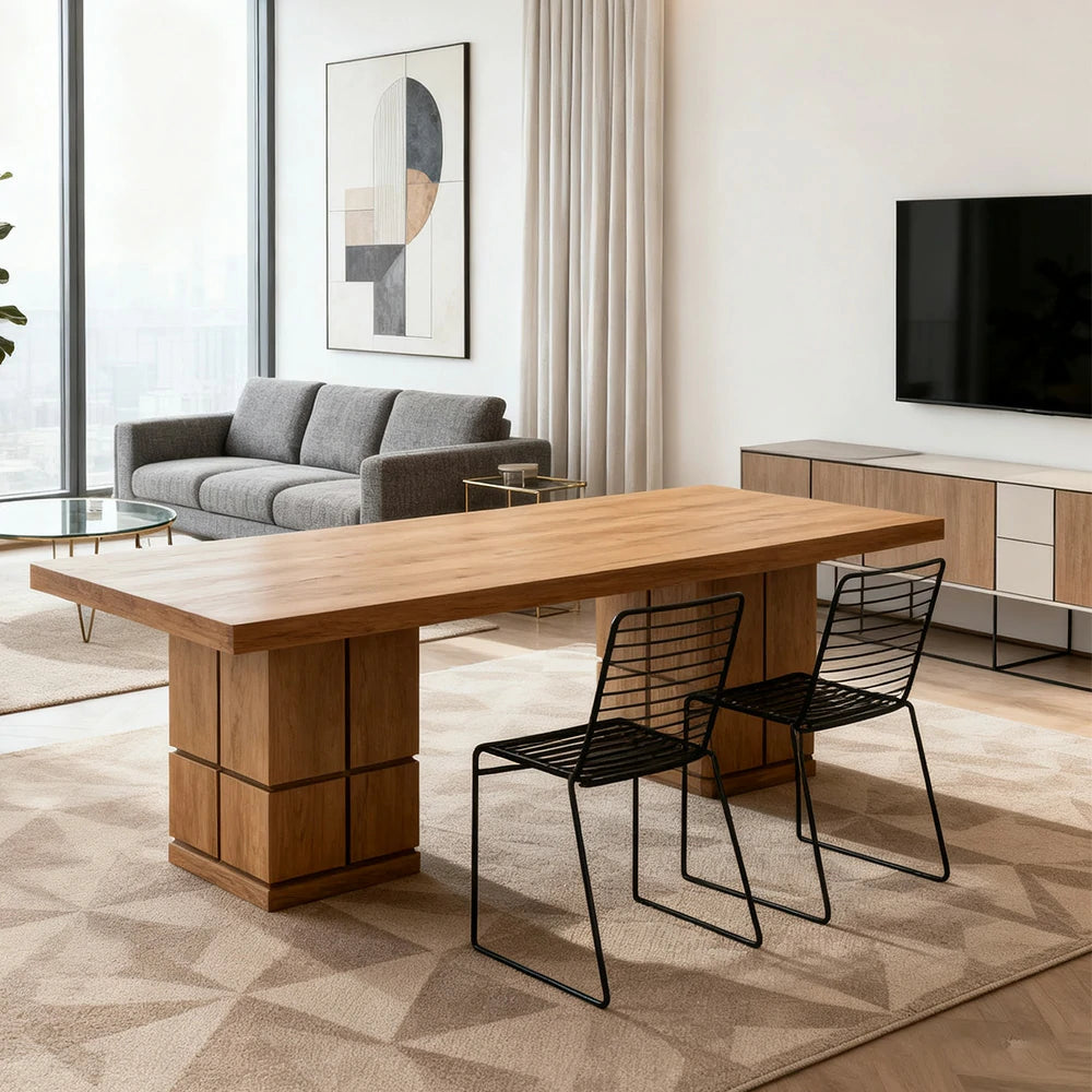 LUXORA 140/160cm Dining Table Premium Veneer Top Double Pedestal Base Modern Sculptural Design - Wood