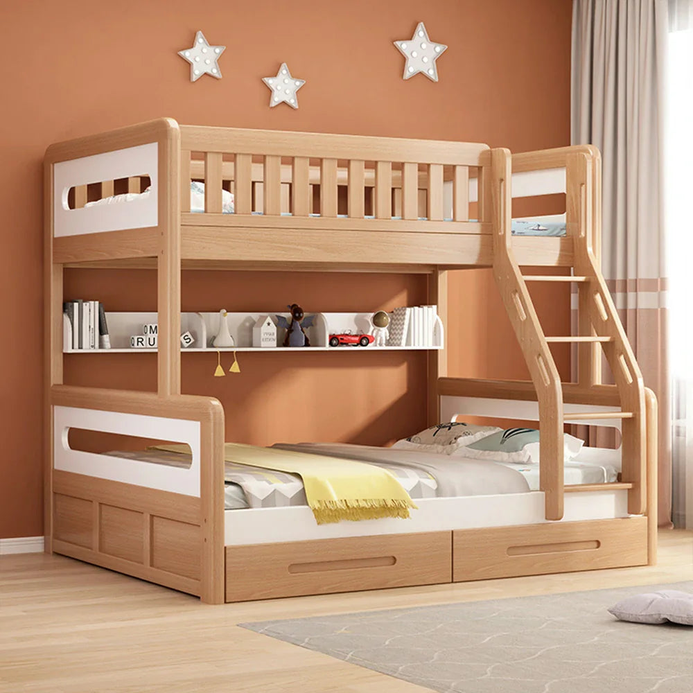LUXORA Solid Wood Bunk Bed with Dual Drawers & Bookshelf - Lower 150cm, Upper 120cm, Durable Frame with Staircase Ladder, Installation Included - Natural Finish