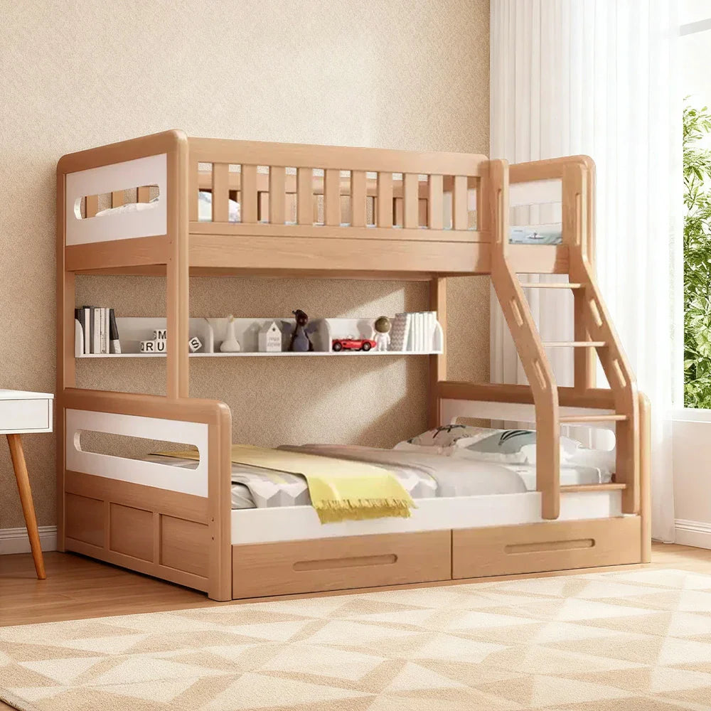 LUXORA Solid Wood Bunk Bed with Dual Drawers & Bookshelf - Lower 150cm, Upper 120cm, Durable Frame with Staircase Ladder, Installation Included - Natural Finish