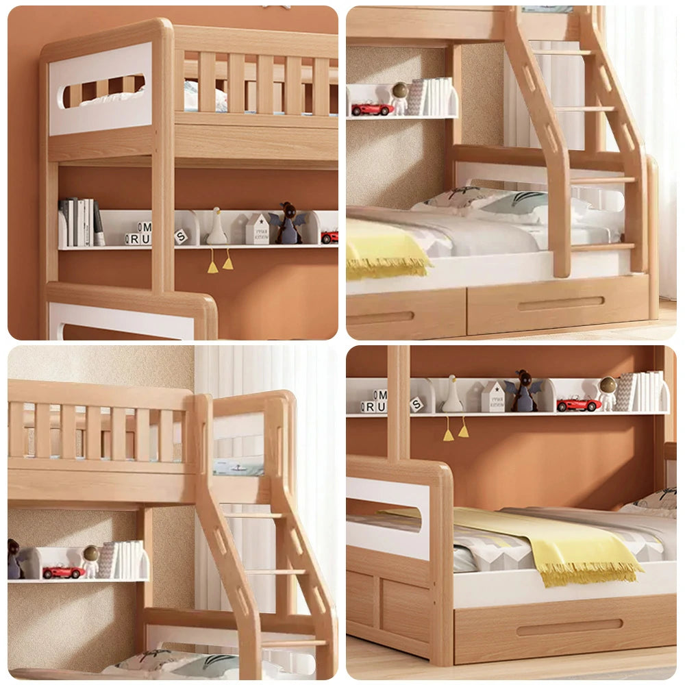 LUXORA Solid Wood Bunk Bed with Dual Drawers & Bookshelf - Lower 150cm, Upper 120cm, Durable Frame with Staircase Ladder - Natural Finish
