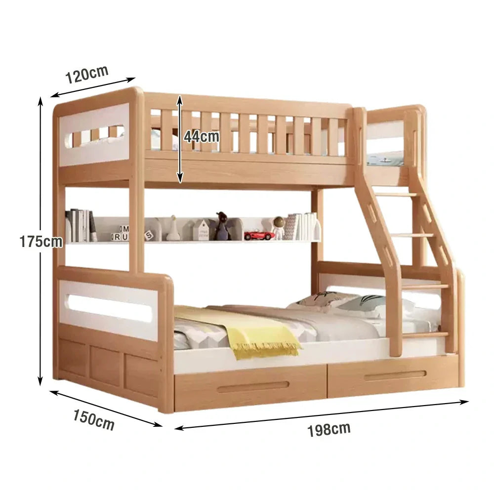 LUXORA Solid Wood Bunk Bed with Dual Drawers & Bookshelf - Lower 150cm, Upper 120cm, Durable Frame with Staircase Ladder, Installation Included - Natural Finish