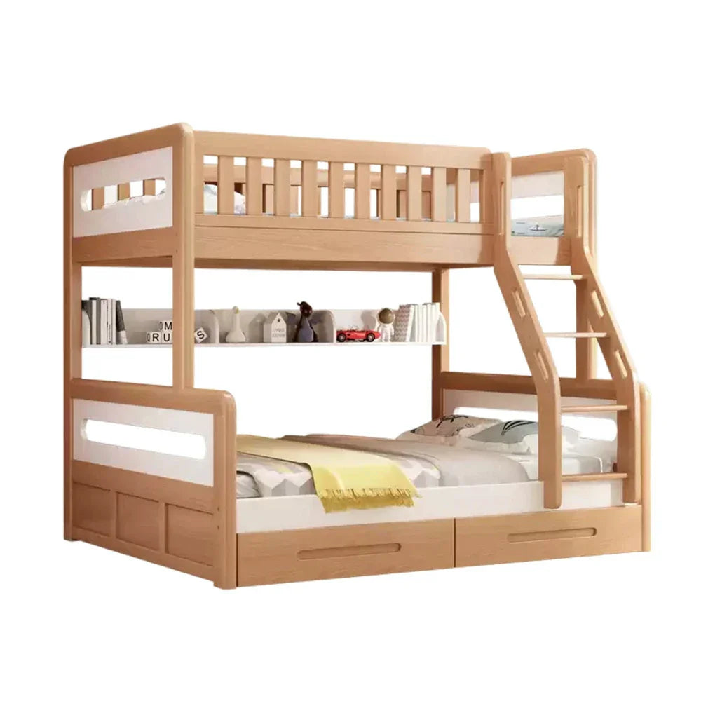 LUXORA Solid Wood Bunk Bed with Dual Drawers & Bookshelf - Lower 150cm, Upper 120cm, Durable Frame with Staircase Ladder, Installation Included - Natural Finish