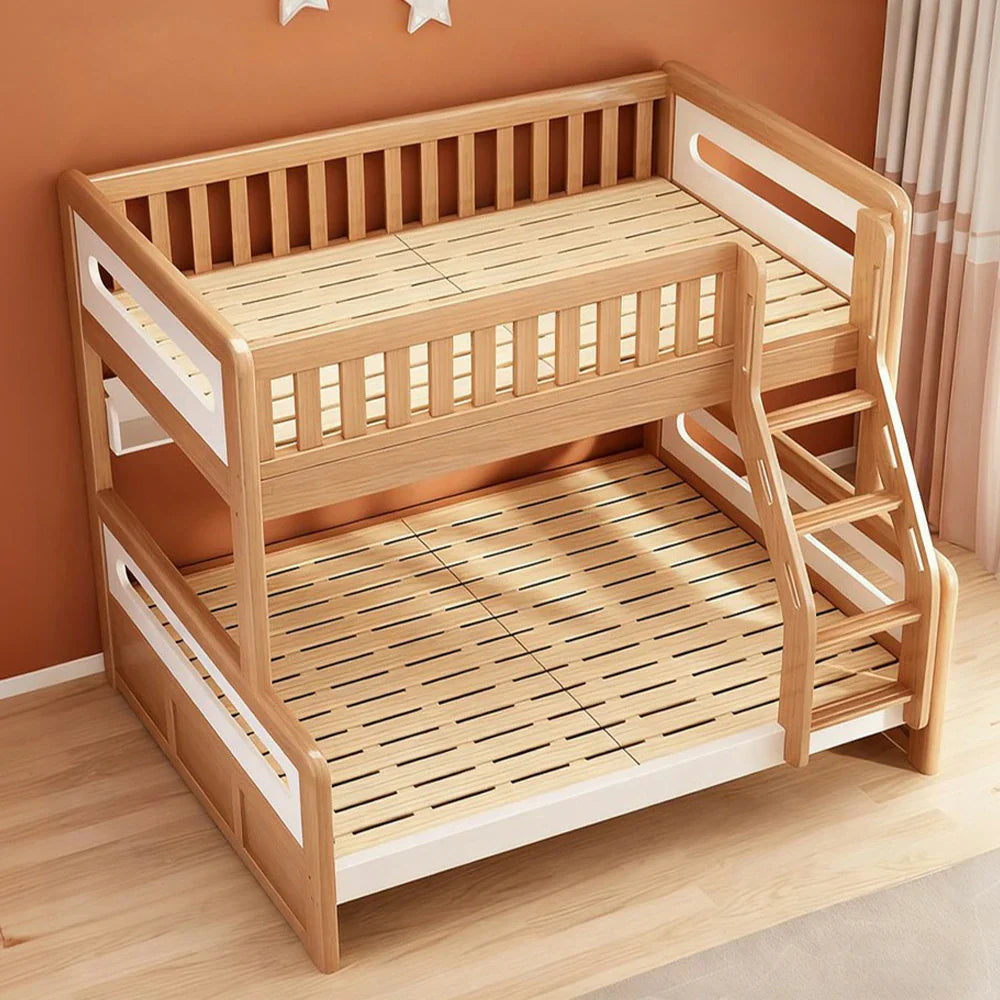 LUXORA Solid Wood Bunk Bed with Dual Drawers & Bookshelf - Lower 150cm, Upper 120cm, Durable Frame with Staircase Ladder, Installation Included - Natural Finish