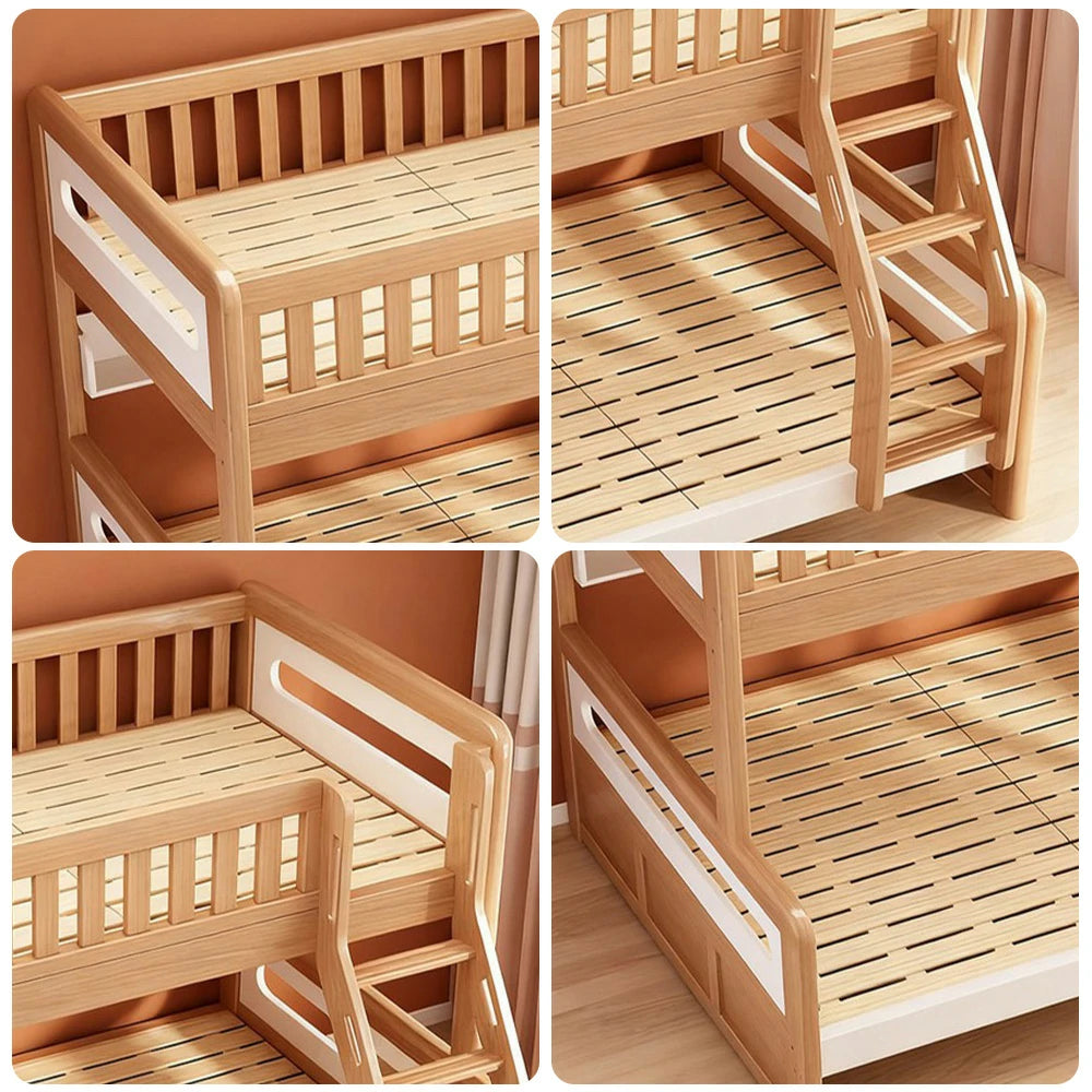 LUXORA Solid Wood Bunk Bed with Dual Drawers & Bookshelf - Lower 150cm, Upper 120cm, Durable Frame with Staircase Ladder - Natural Finish