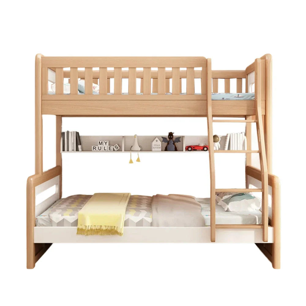 LUXORA Solid Wood Bunk Bed with Dual Drawers & Bookshelf - Lower 150cm, Upper 120cm, Durable Frame with Staircase Ladder, Installation Included - Natural Finish