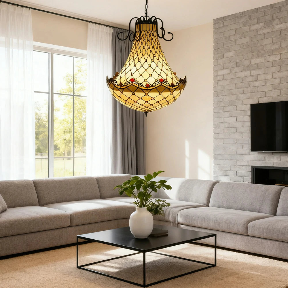 LUXORA Crystal Pendant Light - High-Temperature Coloured Glass, Iron Frame, E27 Socket, Adjustable Height, Handcrafted for Elegant Illumination