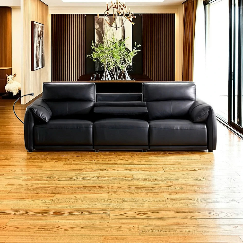 LUXORA 252/282cm Dual Electric Recliner Sofa 3-Seater Flip-Back Center Genuine Leather Zero-Wall Comfort Design - Black