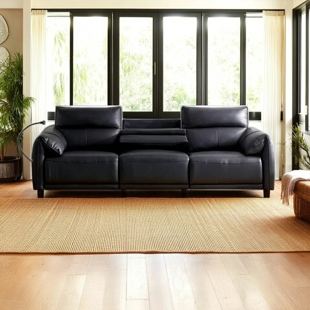 LUXORA 252/282cm Dual Electric Recliner Sofa 3-Seater Flip-Back Center Genuine Leather Zero-Wall Comfort Design - Black