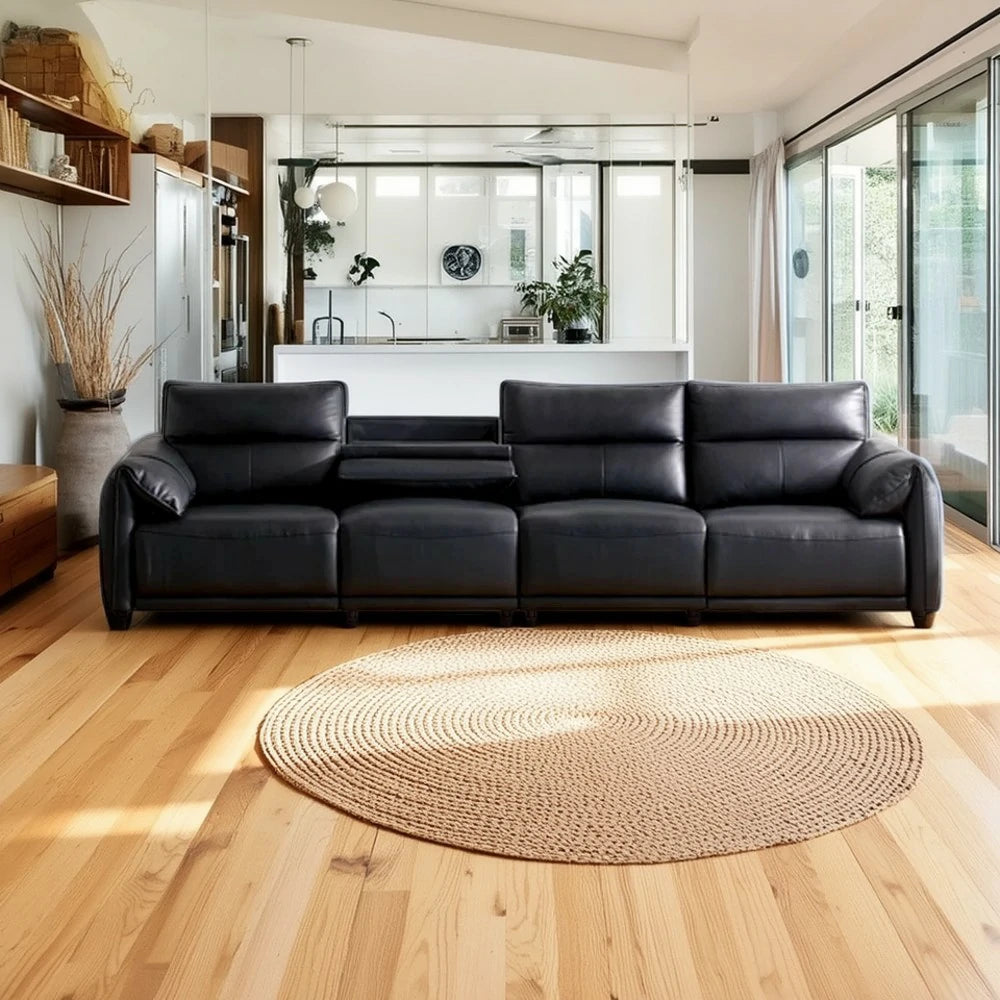 LUXORA 322/362cm Triple Electric Recliner Sofa 4-Seater Flip-Back Center Genuine Leather Zero-Wall Comfort Design - Black