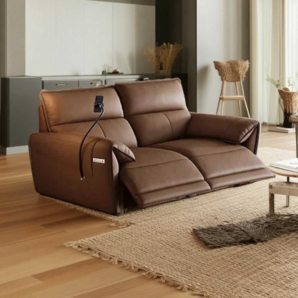LUXORA 182/202cm Dual Electric Recliner Sofa 2-Seater Genuine Leather Zero-Wall Comfort Design for Living Room - Brown