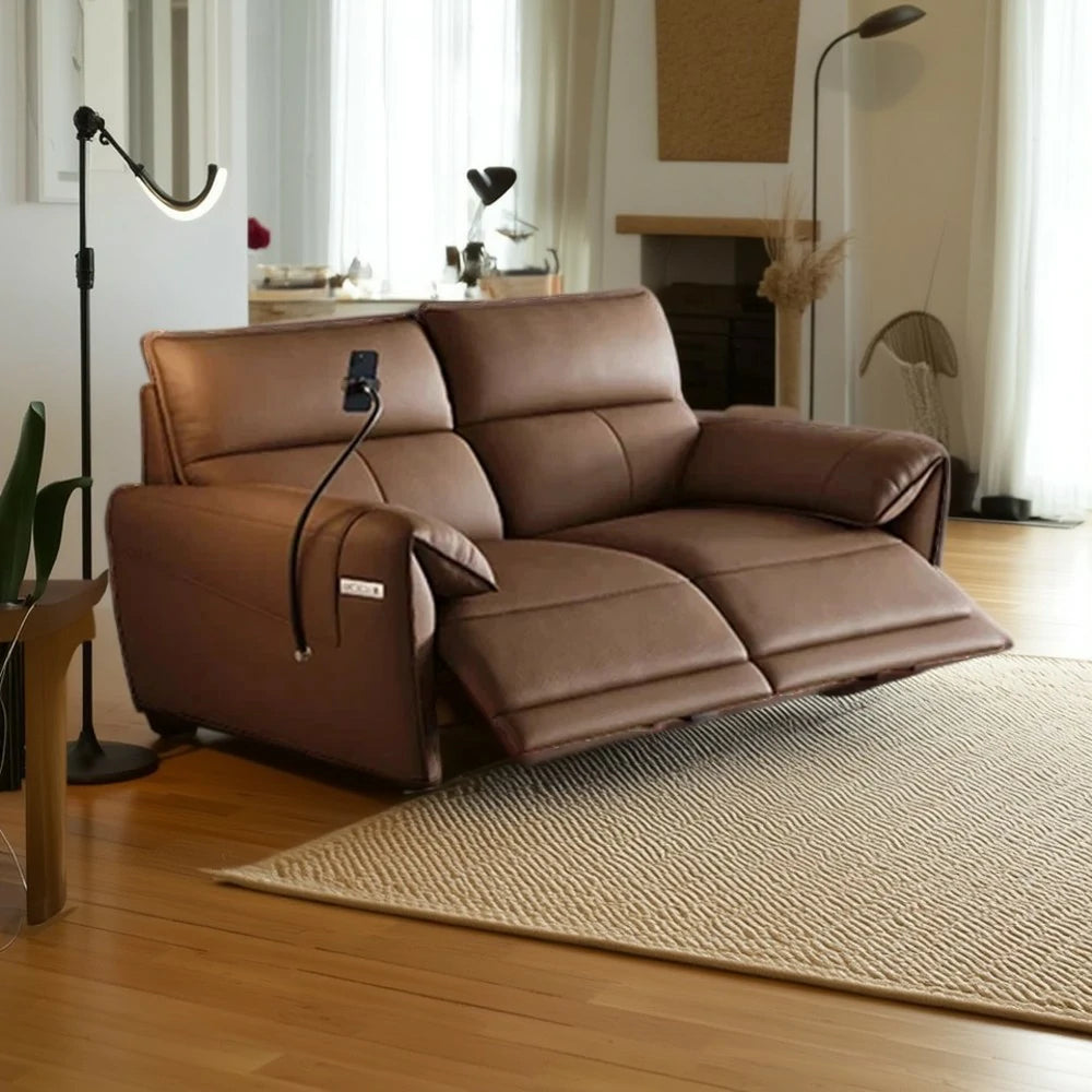 LUXORA 182/202cm Dual Electric Recliner Sofa 2-Seater Genuine Leather Zero-Wall Comfort Design for Living Room - Brown
