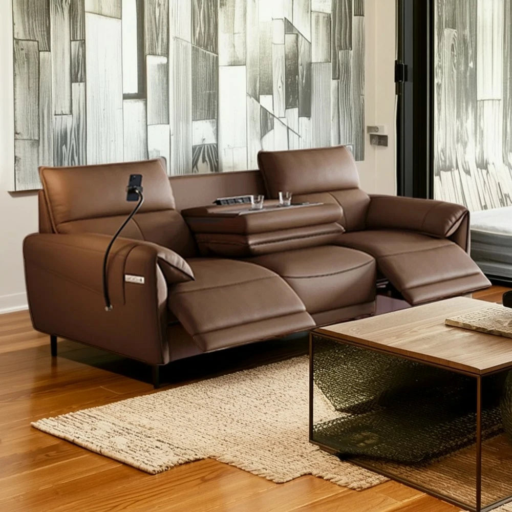 LUXORA 252/282cm Dual Electric Recliner Sofa 3-Seater Flip-Back Center Genuine Leather Zero-Wall Comfort Design - Brown