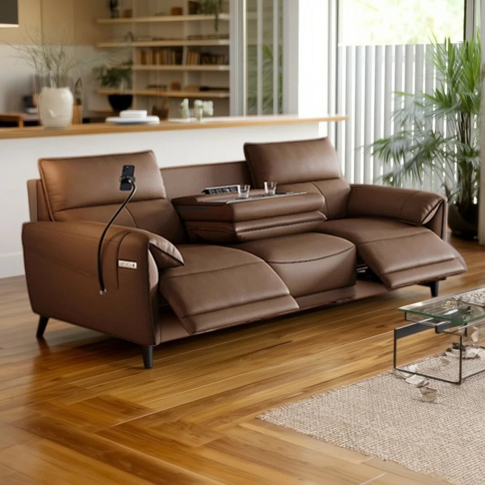 LUXORA 252/282cm Dual Electric Recliner Sofa 3-Seater Flip-Back Center Genuine Leather Zero-Wall Comfort Design - Brown