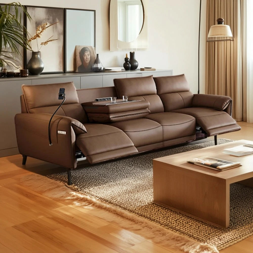 LUXORA 322/362cm Triple Electric Recliner Sofa 4-Seater Flip-Back Center Genuine Leather Zero-Wall Comfort Design - Brown