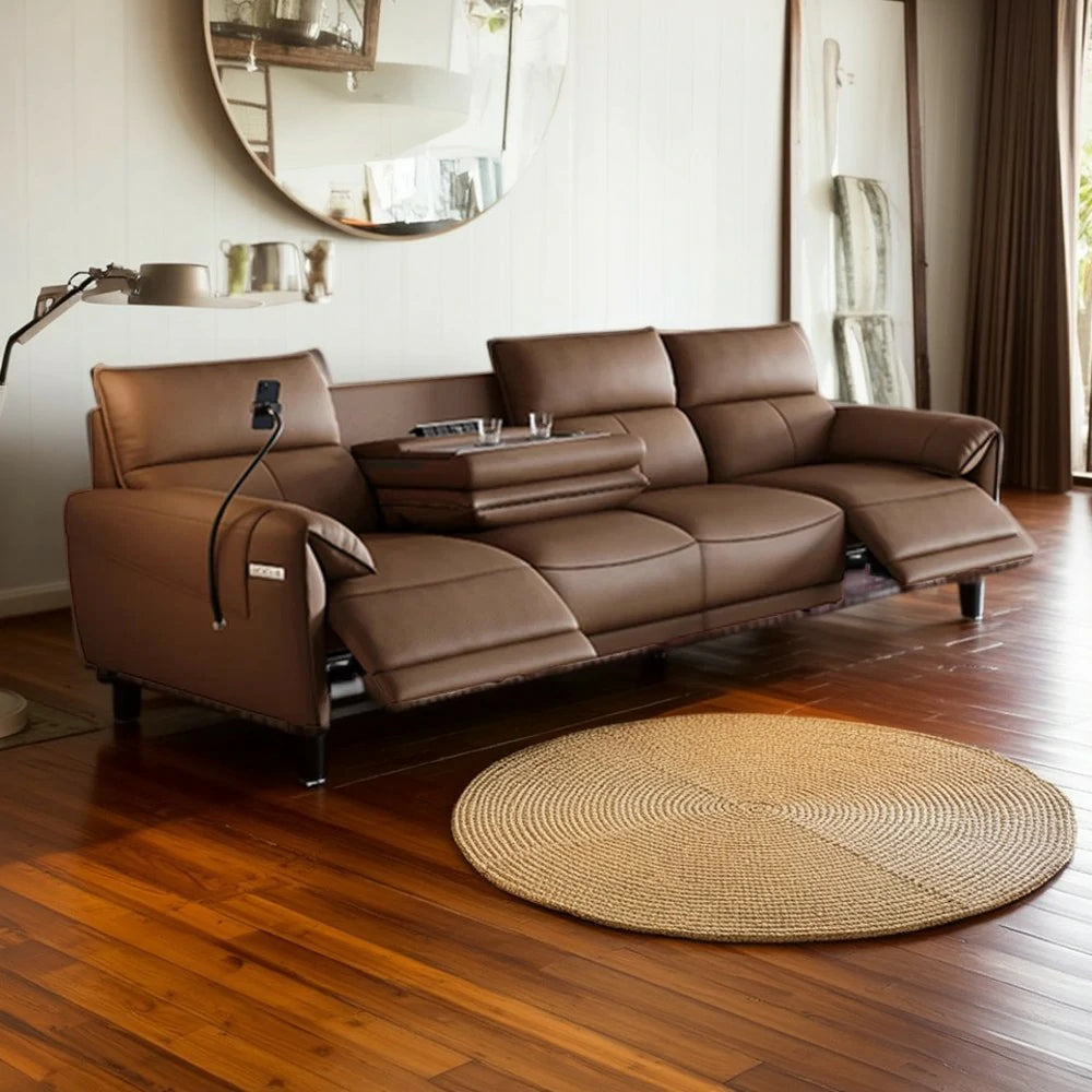 LUXORA 322/362cm Triple Electric Recliner Sofa 4-Seater Flip-Back Center Genuine Leather Zero-Wall Comfort Design - Brown