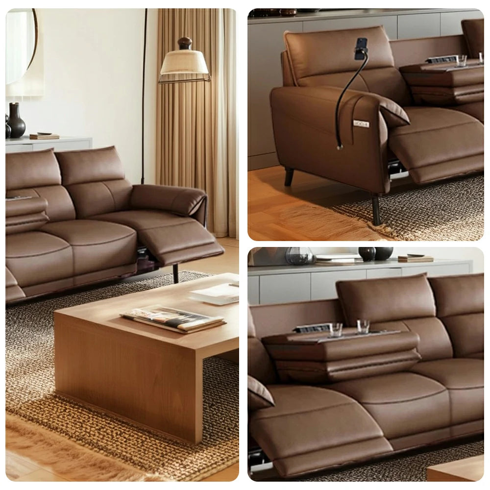 LUXORA 322/362cm Triple Electric Recliner Sofa 4-Seater Flip-Back Center Genuine Leather Zero-Wall Comfort Design - Brown