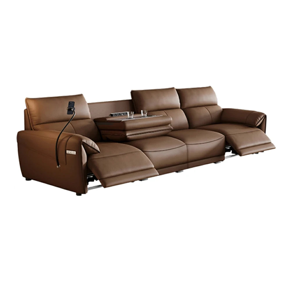 LUXORA 322/362cm Triple Electric Recliner Sofa 4-Seater Flip-Back Center Genuine Leather Zero-Wall Comfort Design - Brown