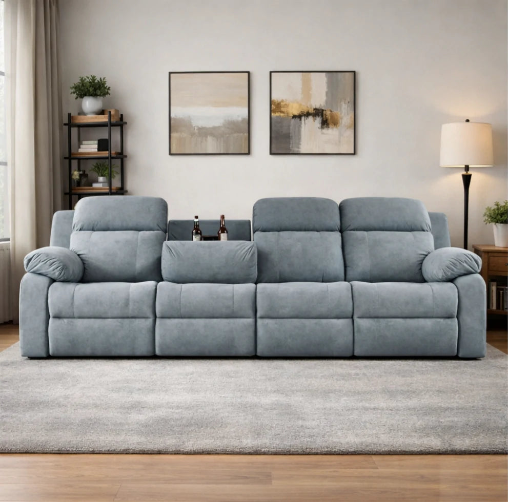 LUXORA 280/320cm Triple Electric Recliner Sofa 4-Seater Flip-Back Center Console Cat-Scratch Fabric Comfort Design - Grey