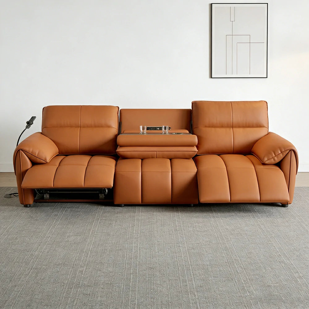 LUXORA 252/282cm Dual Electric Recliner Sofa 3-Seater Flip-Back Center Genuine Leather Zero-Wall Comfort - Brown