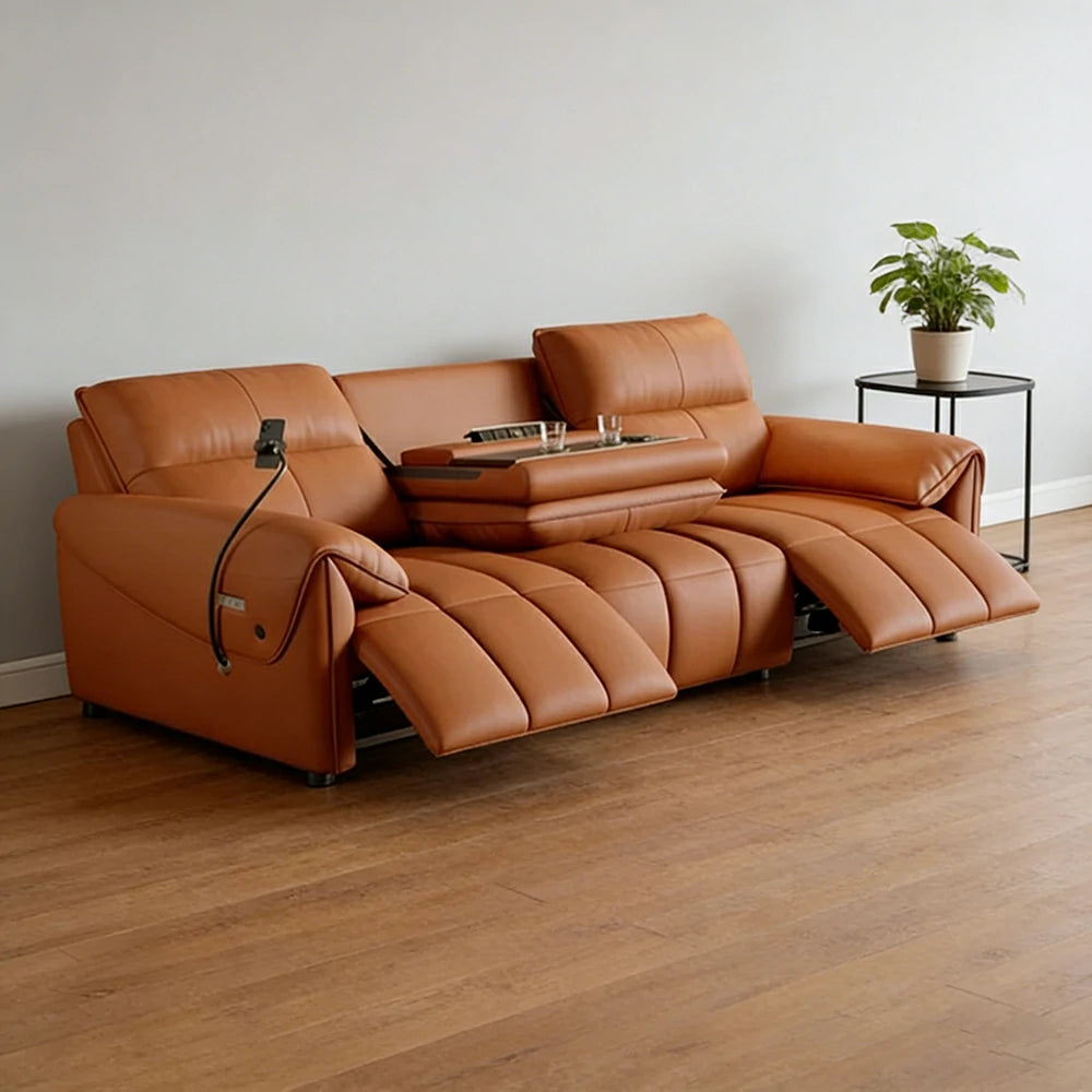 LUXORA 252/282cm Dual Electric Recliner Sofa 3-Seater Flip-Back Center Genuine Leather Zero-Wall Comfort - Brown