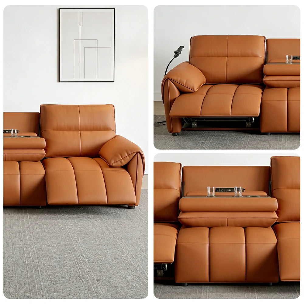 LUXORA 252/282cm Dual Electric Recliner Sofa 3-Seater Flip-Back Center Genuine Leather Zero-Wall Comfort - Brown