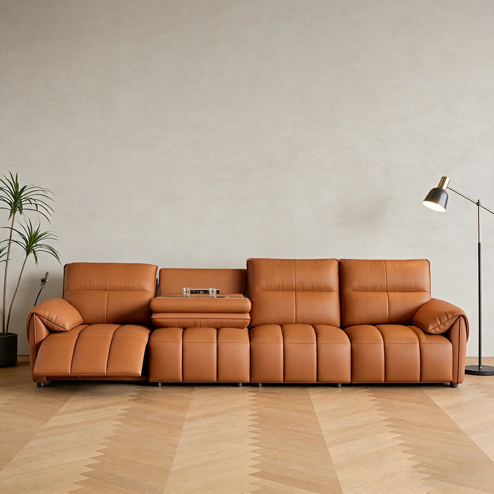 LUXORA 322/362cm Triple Electric Recliner Sofa 4-Seater Flip-Back Center Genuine Leather Zero-Wall Comfort - Brown