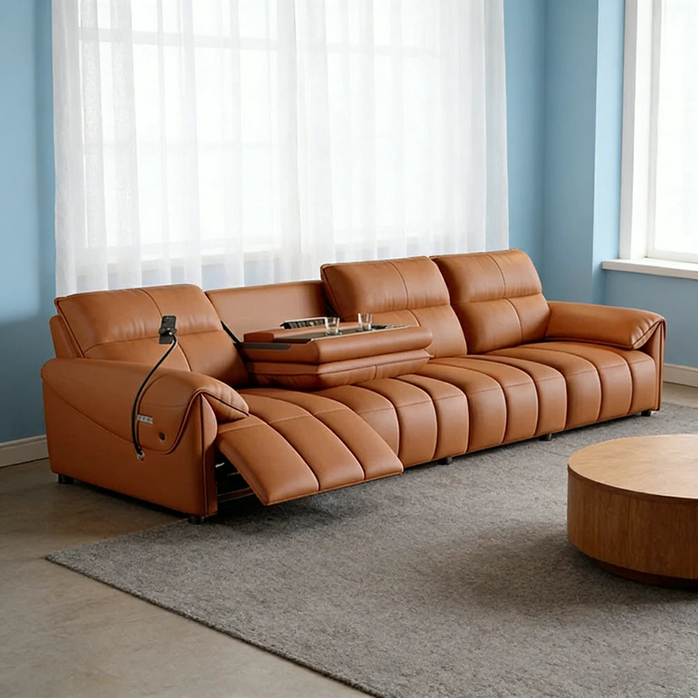 LUXORA 322/362cm Triple Electric Recliner Sofa 4-Seater Flip-Back Center Genuine Leather Zero-Wall Comfort - Brown