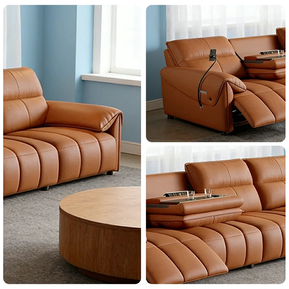 LUXORA 322/362cm Triple Electric Recliner Sofa 4-Seater Flip-Back Center Genuine Leather Zero-Wall Comfort - Brown
