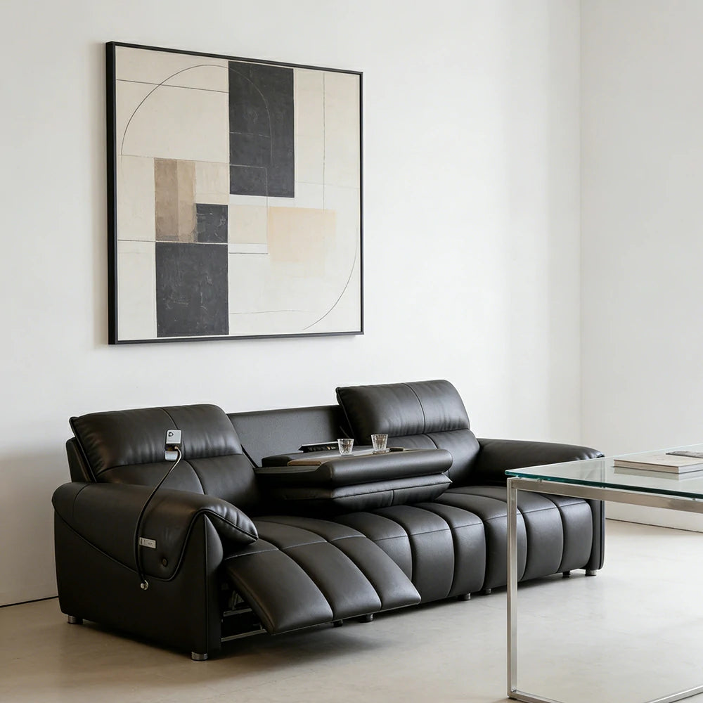 LUXORA 252/282cm Dual Electric Recliner Sofa 3-Seater Flip-Back Center Genuine Leather Zero-Wall Comfort - Black