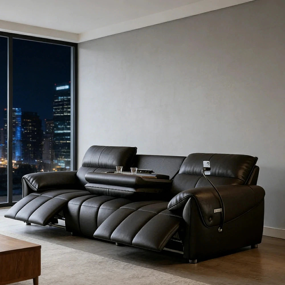 LUXORA 252/282cm Dual Electric Recliner Sofa 3-Seater Flip-Back Center Genuine Leather Zero-Wall Comfort - Black