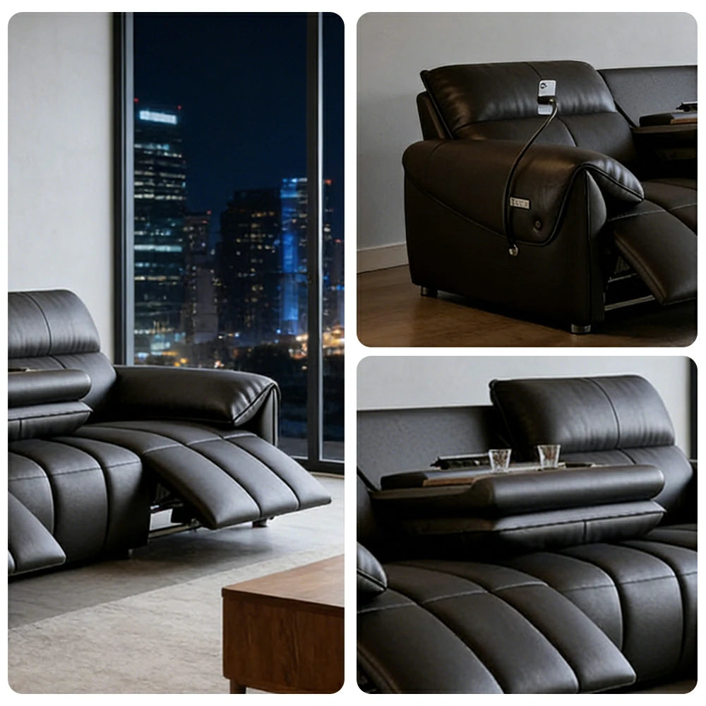 LUXORA 252/282cm Dual Electric Recliner Sofa 3-Seater Flip-Back Center Genuine Leather Zero-Wall Comfort - Black